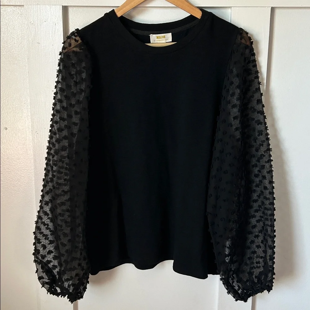 Anthropologie Maeve Textured Sleeve Top Black Sheer Swiss Dot Sleeves Large